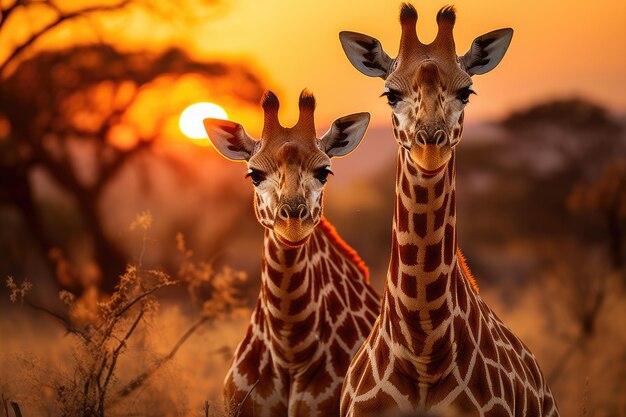 Giraffes giraffes in the savannah at sunset generative IA