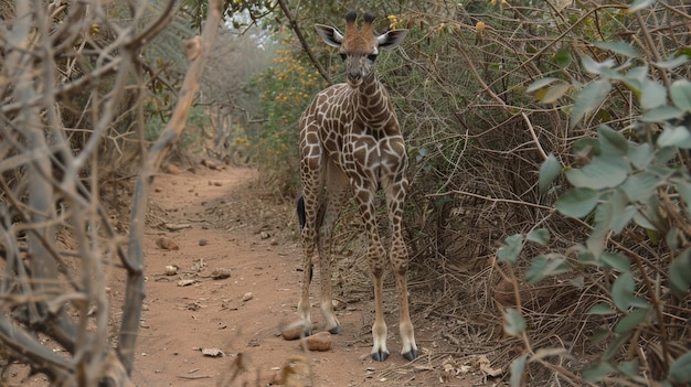 Giraffes graze in the fields amidst natural beauty