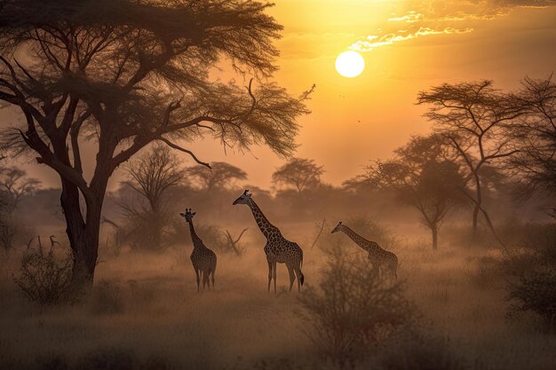 Giraffes grazing on golden savannah at sunset generative IA