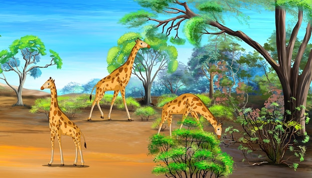 Giraffes Grazing in the Savannah illustration