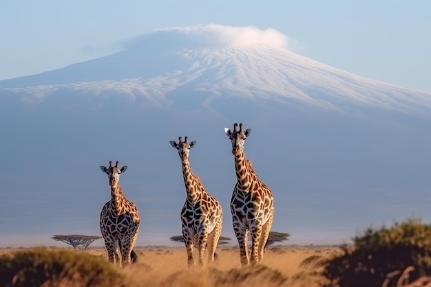 Жирафы и гора Килиманджаро в Танзании Генеративный искусственный интеллект