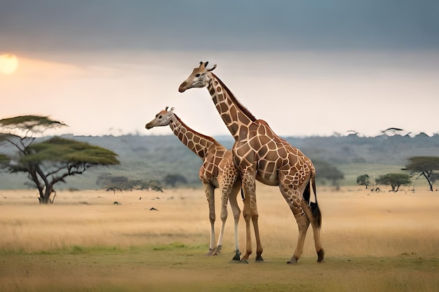 Giraffes in the savannah with a sunset in the background