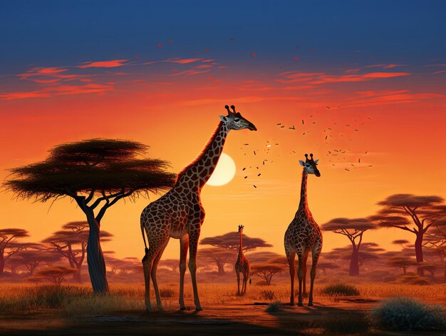 Giraffes strolling across the savannah under the august moon