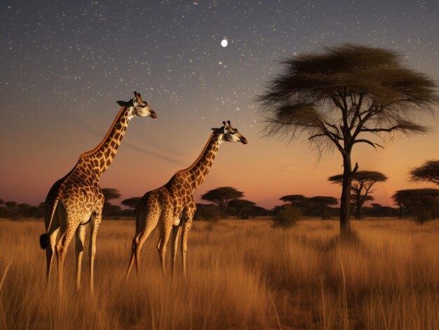 Giraffes strolling across the savannah under the august moon