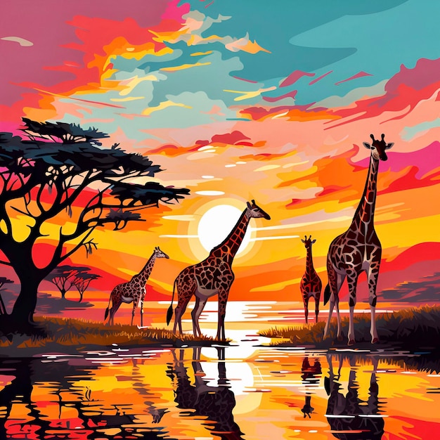 Giraffes on sunset background