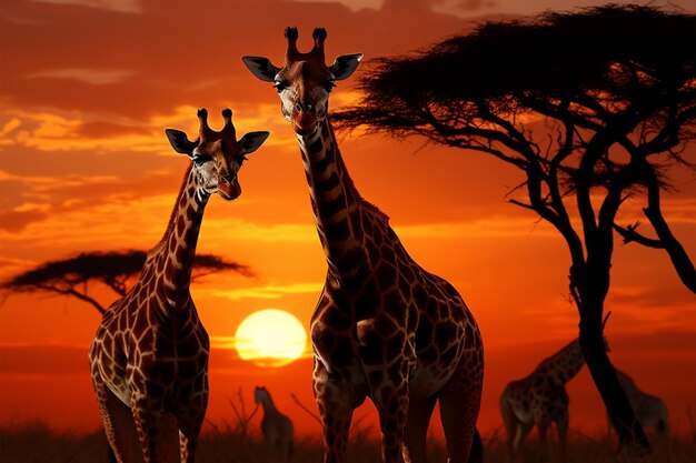 Giraffes in twilight a transformed scene beneath the setting sun