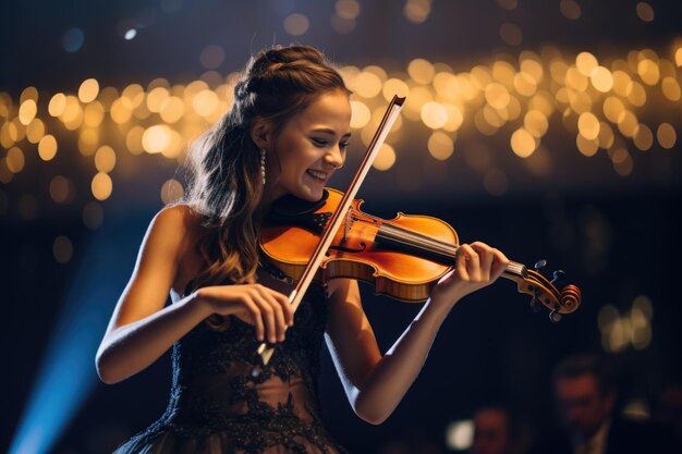 6歳の女の子がバイオリンを弾いて現代的なグランドボールルームで笑顔を浮かべています