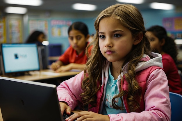 Foto una ragazza di 67 anni che usa il computer in classe