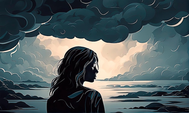 Girl in abstract dark atmosphere landscape with dark clouds for depression and sadness concept