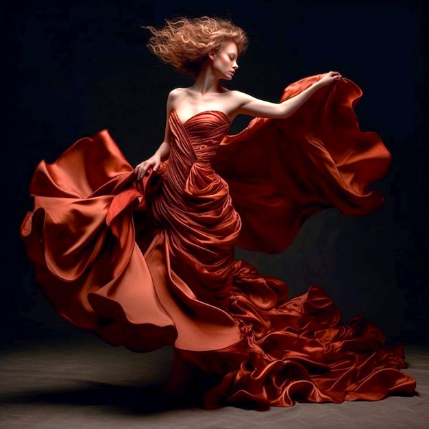 A girl in a abstract red ruffled dress on a dark background