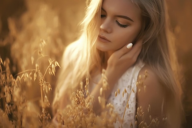 girl adult in an oat field sexy / happy girl in a summer field, blonde with long hair