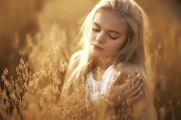 взрослая девушка в овсяном поле сексуальная / счастливая девушка в летнем поле, блондинка с длинными волосами