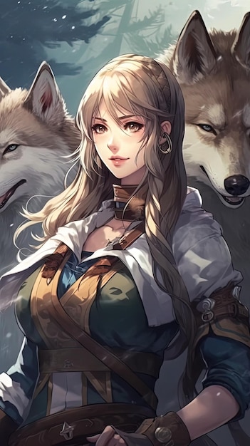 Girl adventure surrounded by wolves Rpg style mobile wallpaper Generated ai