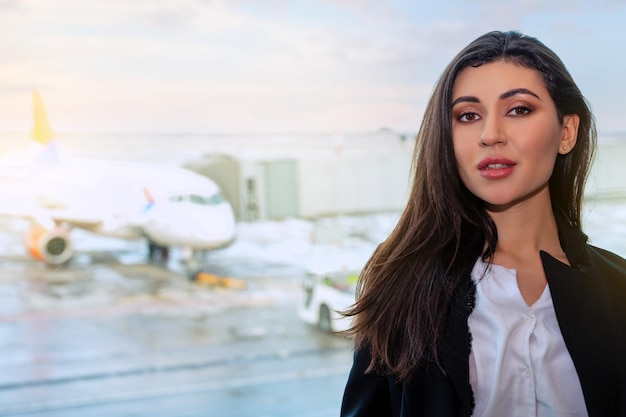 Girl at the airport window waits for a flight