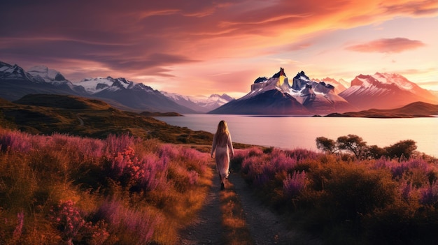 Foto ragazza tra i fiori nei prati della patagonia