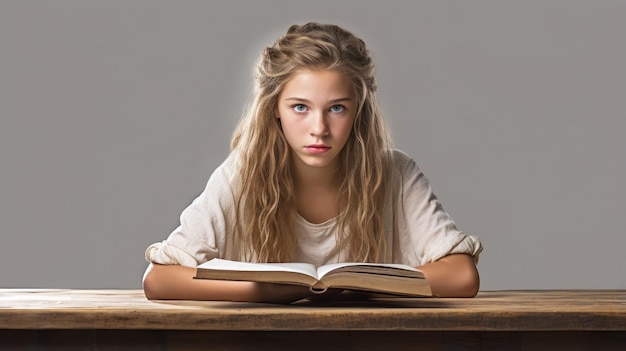 写真 白い背景の上でテーブルで読んでいる女の子と本