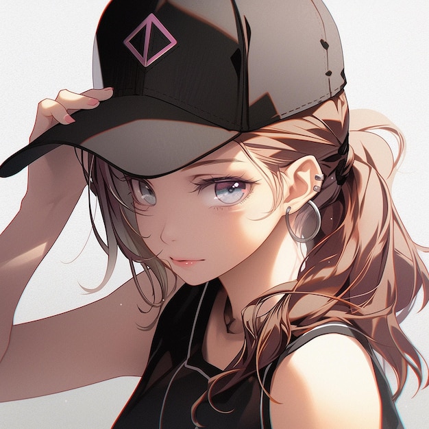 애니메이션 스타일의 야구 모자를 쓴 소녀