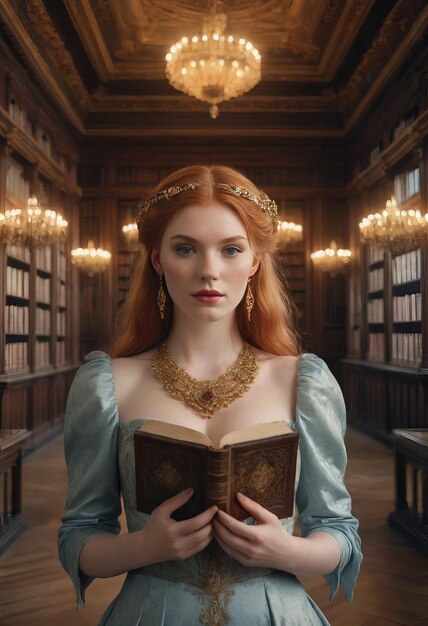 A girl in an antique dress in the castle library