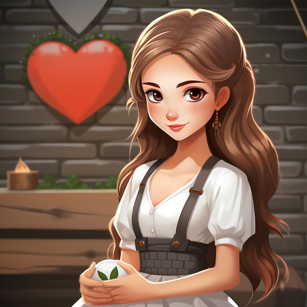 a girl in an apron holding a heart in front of a brick wall