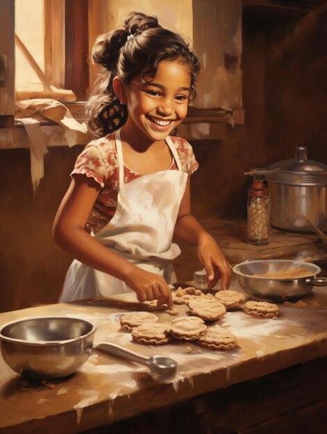 A girl in an apron is making cookies.