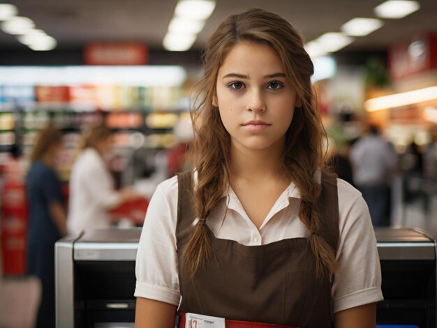 Girl in apron standing by cashbox in supermarket and crossing arms by chest