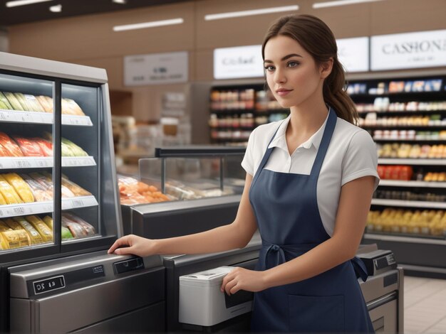 Photo girl in apron standing by cashbox in supermarket and crossing arms by chest