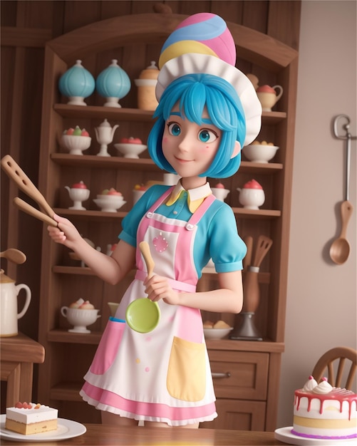 a girl in an apron with a spoon in her hand