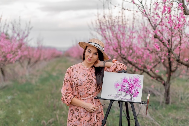 Girl artist paints a peach orchard in a peach orchard spring