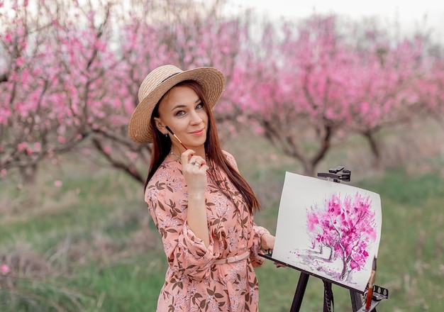 Girl artist paints a peach orchard in a peach orchard spring