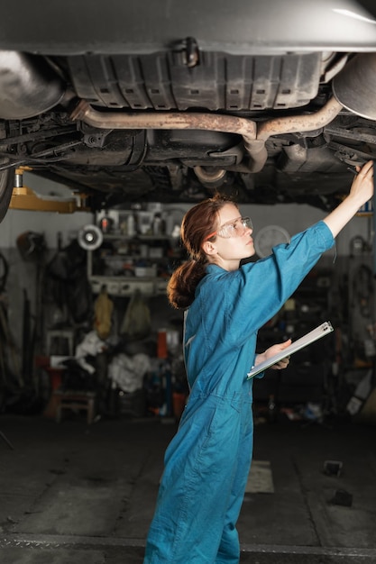 Una ragazza meccanica controlla il telaio di un'auto e i ponti in un'officina o in un garage riparazione auto e fabbro con occhiali e tuta speciale al lavoro diagnostica dell'auto