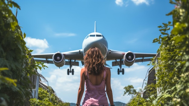 空を飛ぶ飛行機の背景にある少女と飛行機で旅するジェネレーティブ・アイ