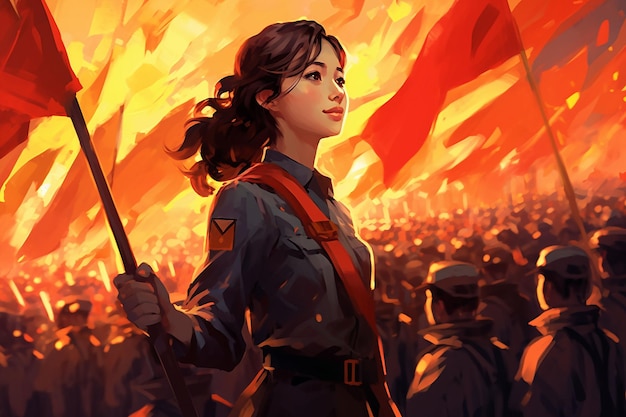 Girl on the background of the Vietnamese flag Heroic past Independence Day of Vietnam