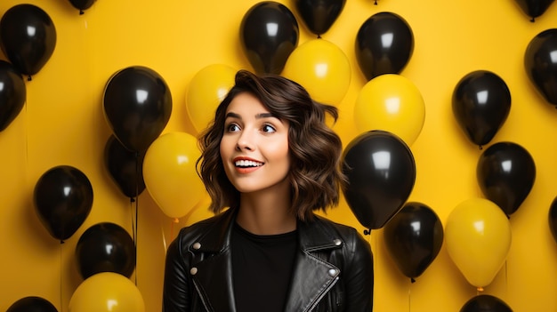 Girl on the background of yellow balloons black friday sale holiday concept