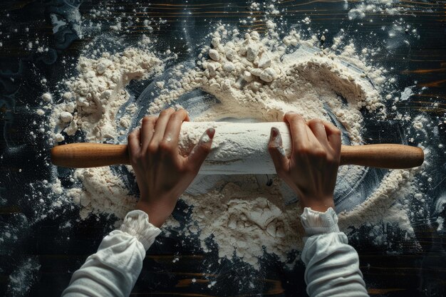 Photo girl baking with rolling pin on dark table top view