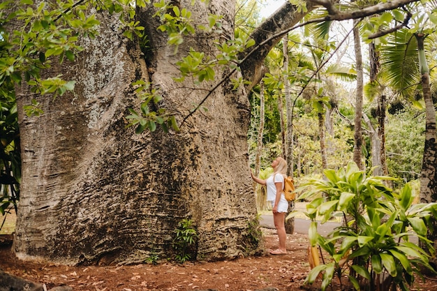 モーリシャス島の植物園のバオバブの隣の女の子