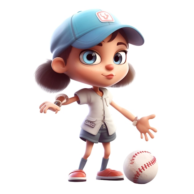 Девушка-бейсболистка с мячом3d-рендеринг Компьютерный цифровой рисунок