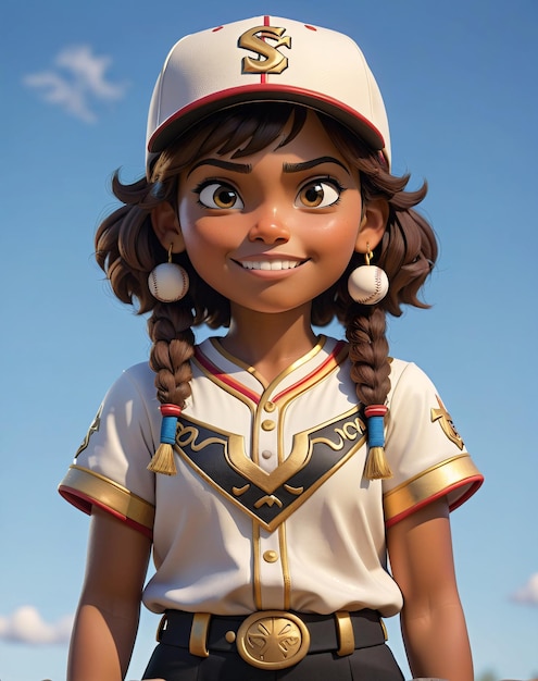 a girl in a baseball uniform stands on a baseball field