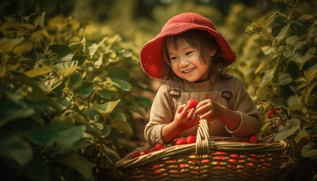 A girl in a basket of tomatoes