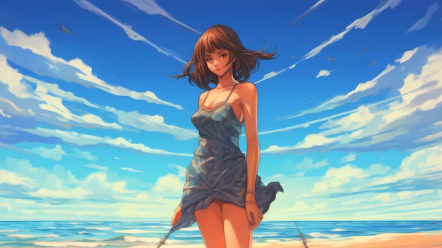 A girl on the beach in a blue dress