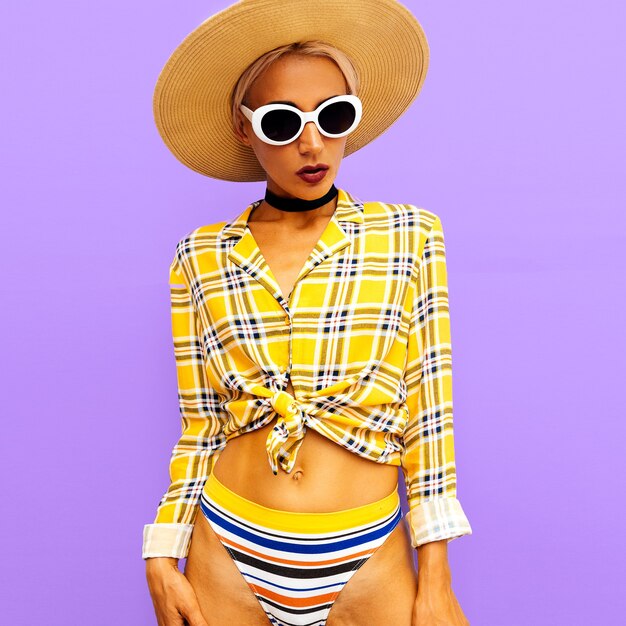 Girl beach country style. Fashion accessories hat and sunglasses. Checkered and stripe vibes