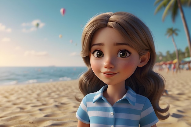 A girl on the beach enjoying summer in the style of rendered in cinema4d