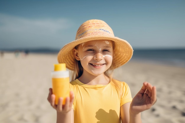 A girl on the beach holds a bottle of sunblock.