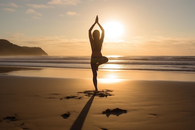 Girl on the beach in yoga asana