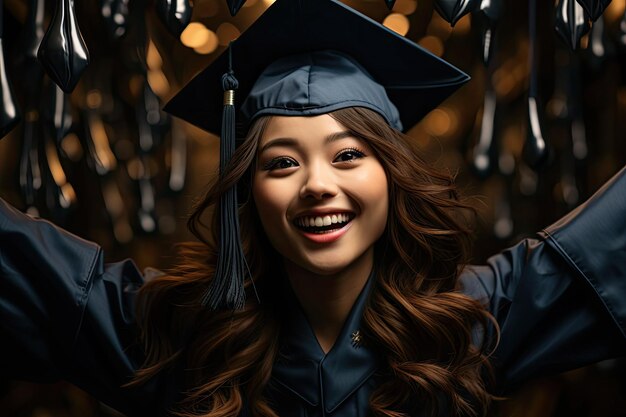 Photo girl beautiful asian teenager a 12th grade senior in gradutation cap and gown