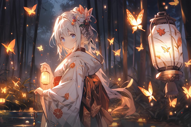 Girl in beautiful autumn night forest with trees and butterflies anime style