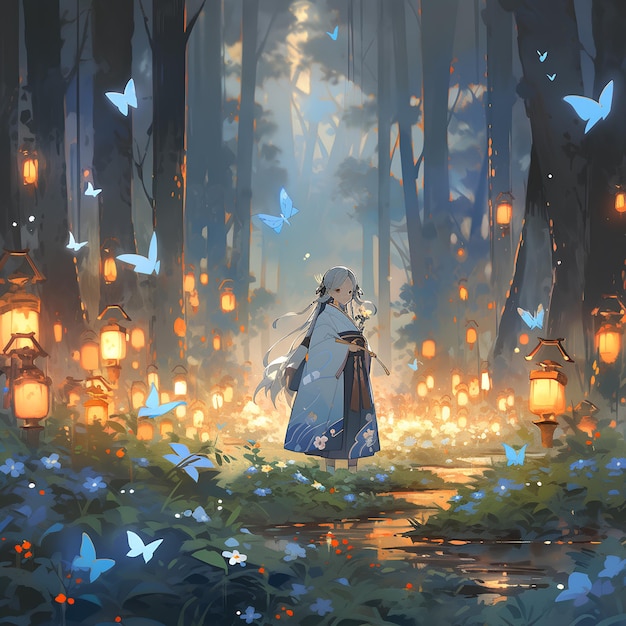 Girl in beautiful autumn night forest with trees and butterflies anime style