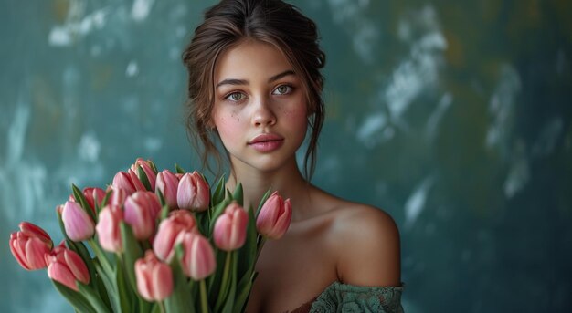 Photo girl in beautiful dress holding a box of tulips