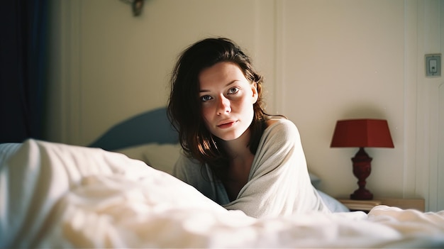 A girl in bed with a lamp on the side