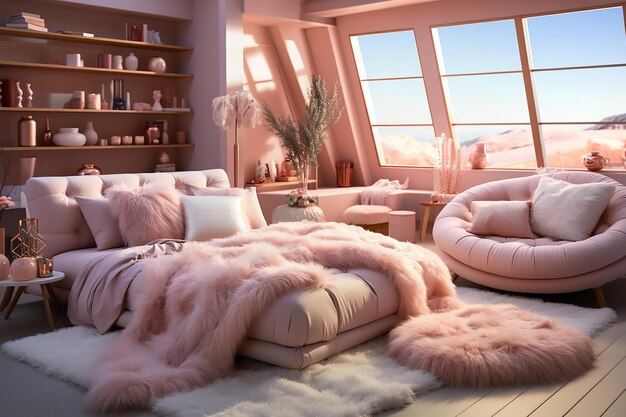 Photo girl bedroom design in pink copy space for text generative ai