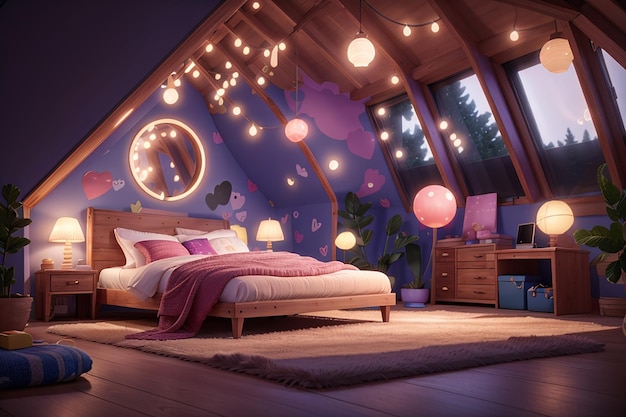 Girl bedroom interior on attic at night